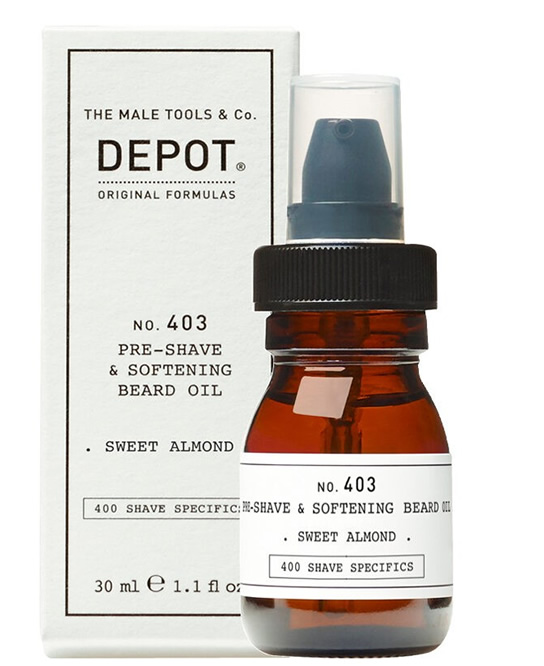 DEPOT Pre Shave & Softening Beard Oil no. 403 Aceite pre afeitado y suavizante de barba 403 DEPOT Sweet Almond y Fresh Black Pepper